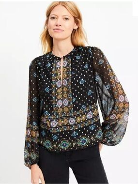 LOFT Foiled Baroque Blouson Sleeve Blouse
Multicolor Medallion Black Boho Large